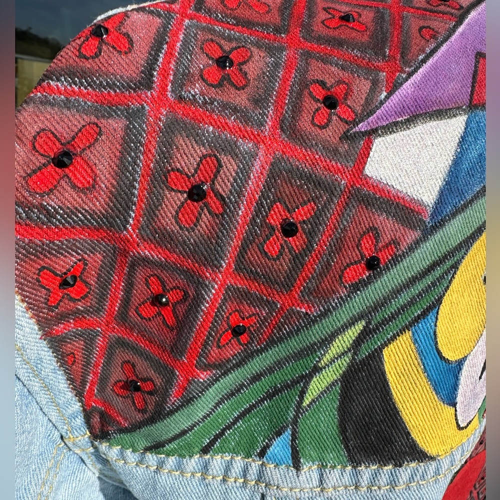 Handpainted modern art cubist style on denim jean jacket OOAK sz SM/MD - Picture 8 of 12